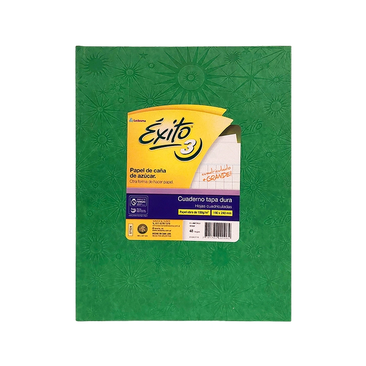 Cuaderno Escolar Tapa Dura Exito E3 19x24 48 Hojas Cuadro Grande Forrado Verde Art.103265